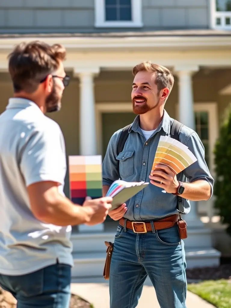 A painter providing a free quote to a potential client, reviewing plans and paint samples together.