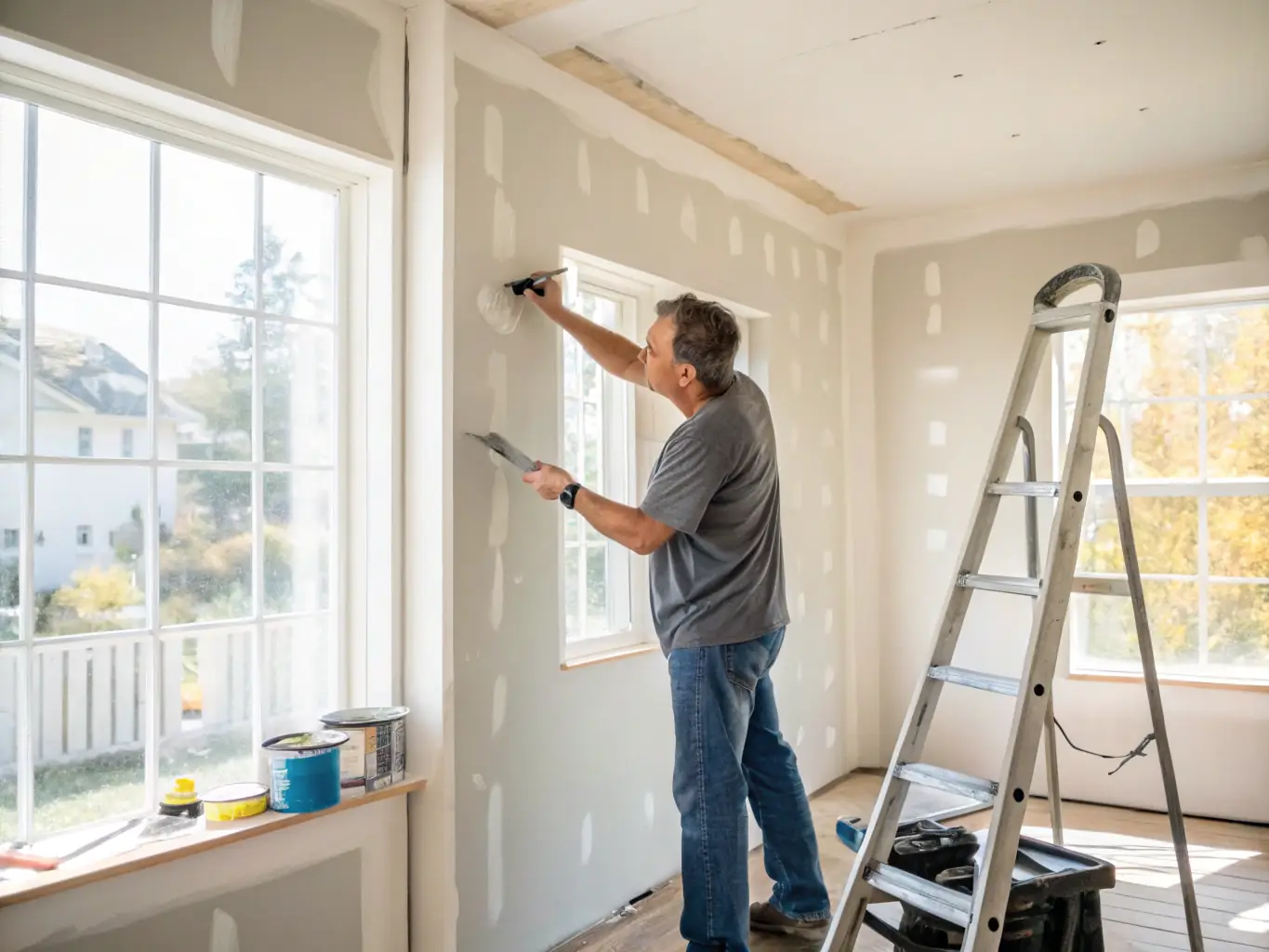 A painter carefully prepares an interior wall by applying spackle to fill small holes and imperfections, ensuring a smooth surface for painting in a residential setting. The room is well-lit, showcasing the attention to detail.