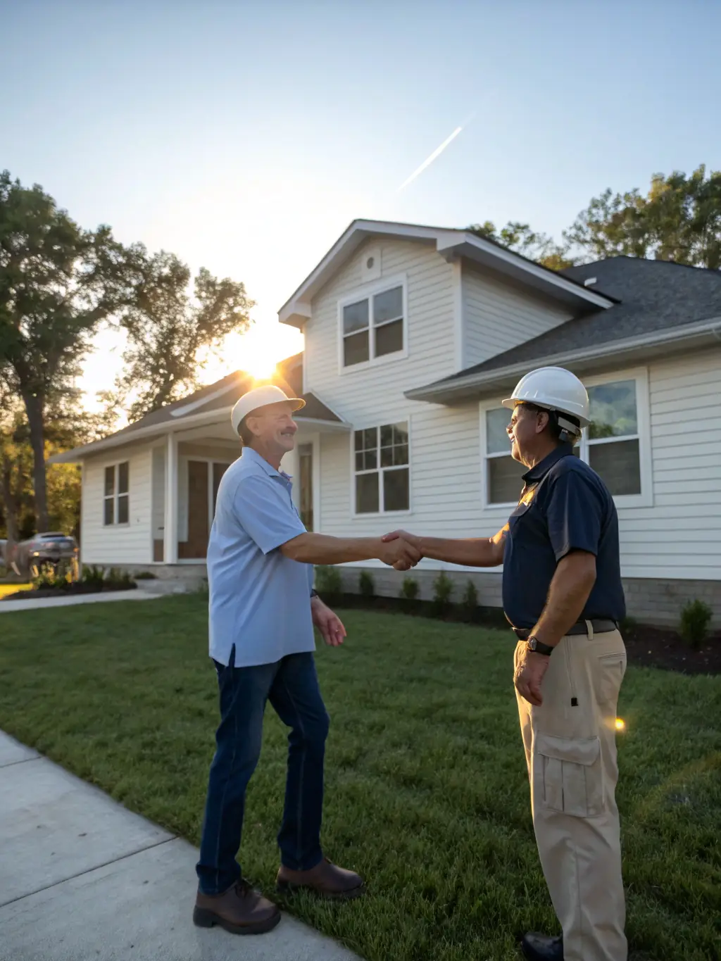 A painter smiling and shaking hands with a satisfied homeowner in front of a freshly painted house, symbolizing trust and satisfaction.