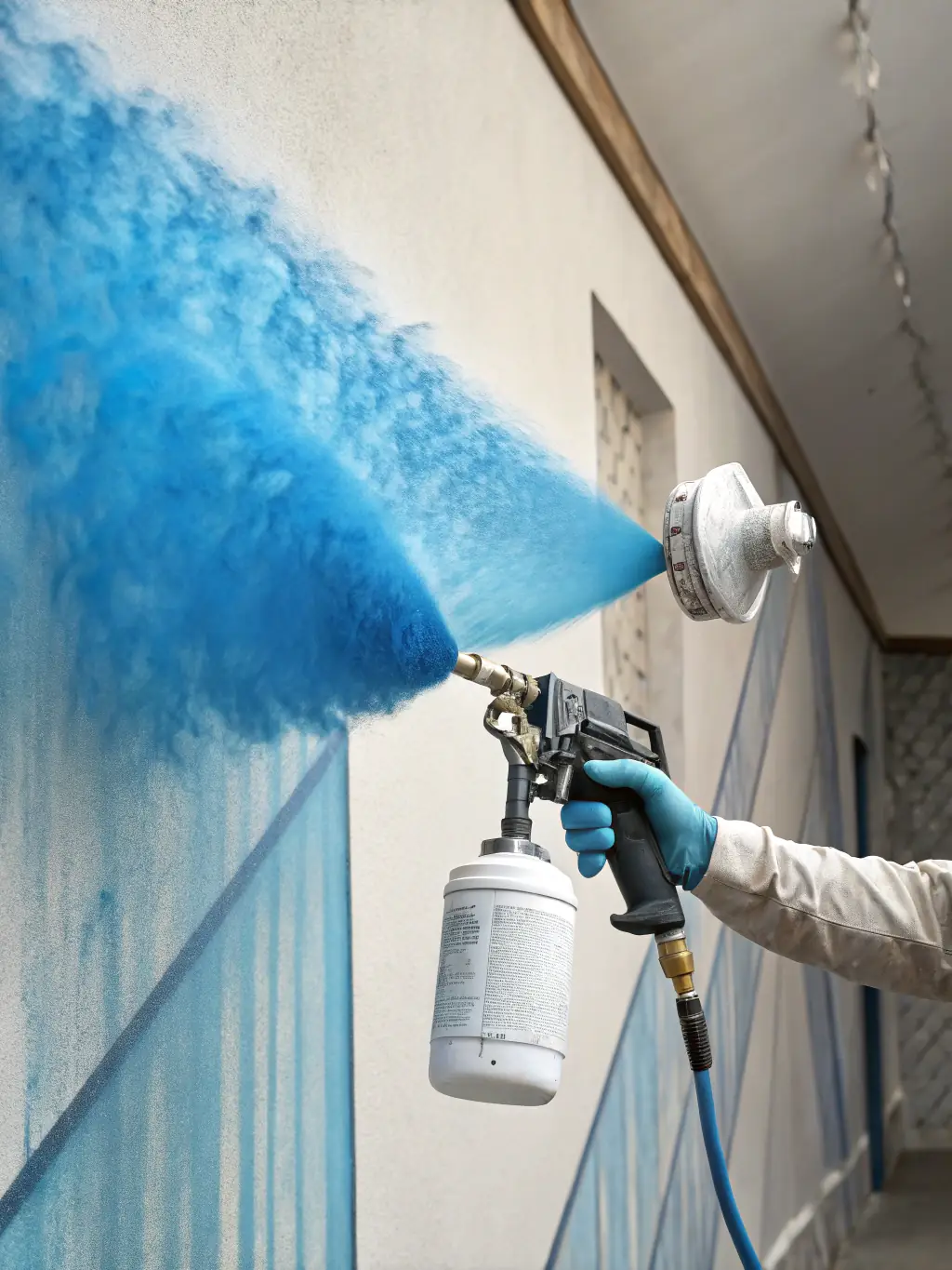 A close-up of a painter's hand expertly applying a specialized coating to a textured wall, highlighting ProCoat Painting & Decor.'s attention to detail and unique finishes.
