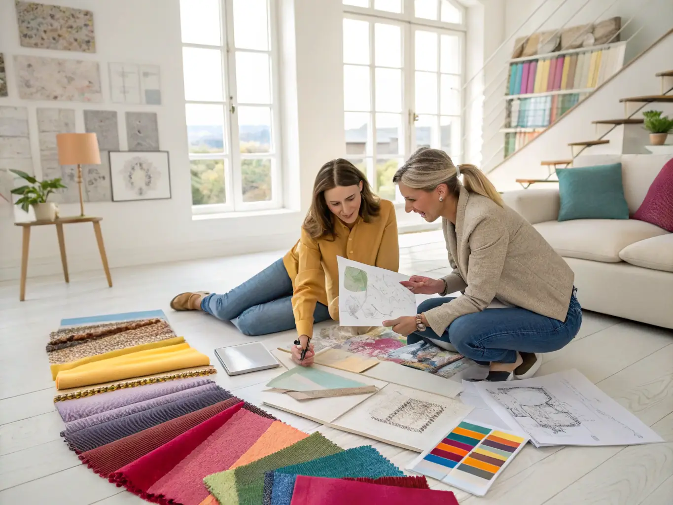 A color palette with samples and a homeowner discussing options with a painter, illustrating ProCoat Painting & Decor's personalized color consultation service.