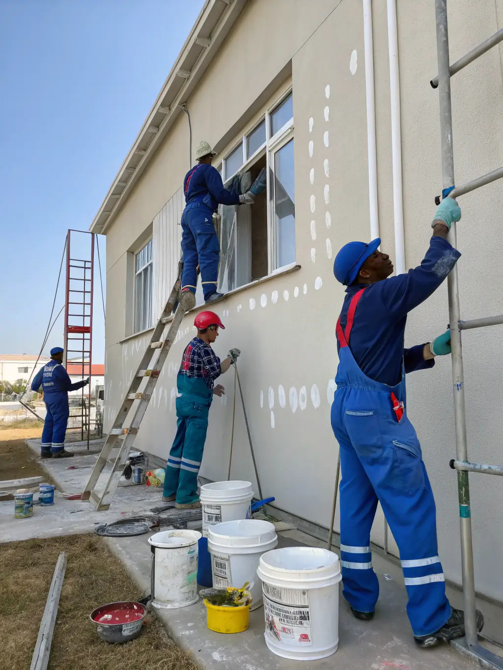 A diverse team of painters working together efficiently on a large exterior painting project, showcasing professionalism and teamwork.