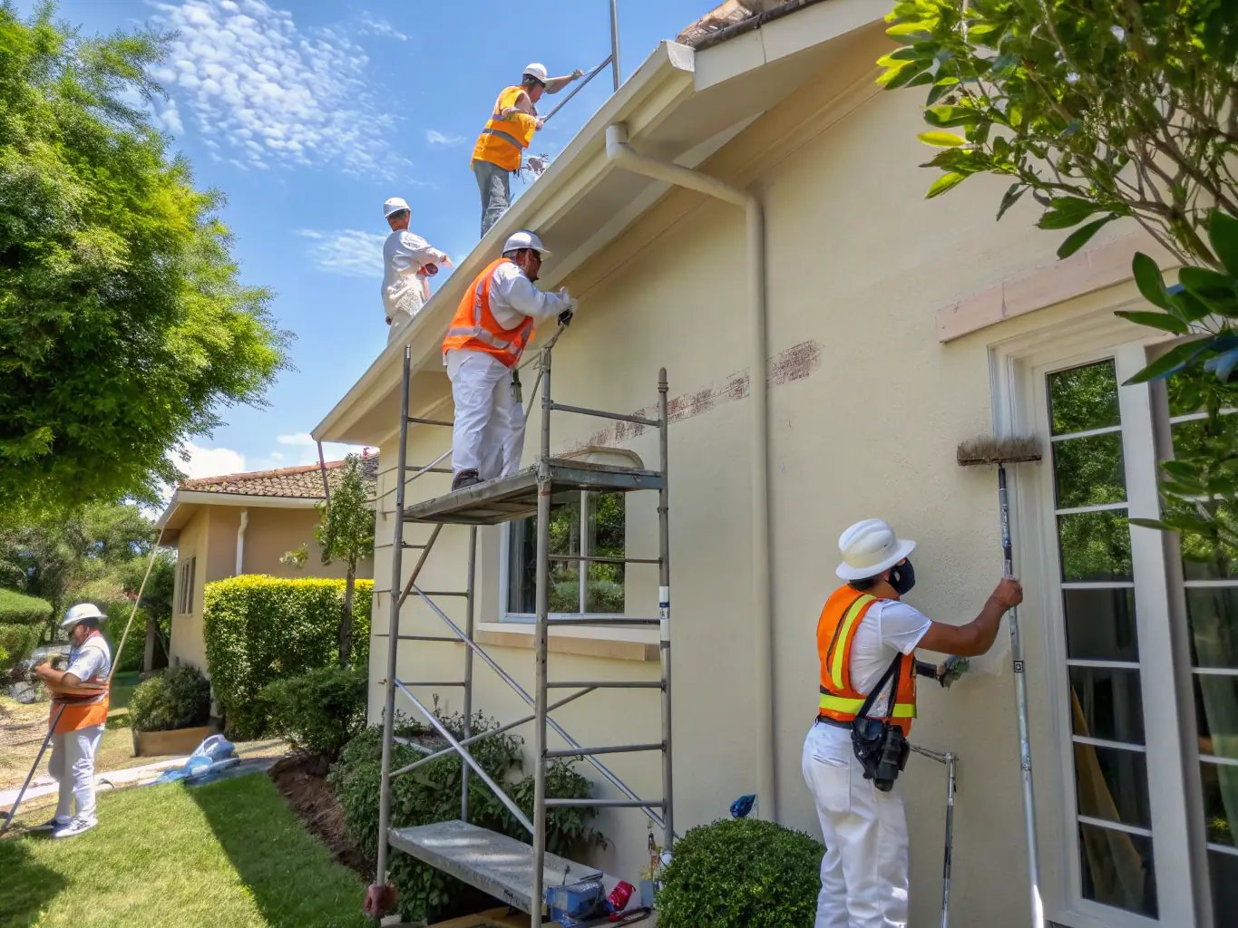 A painter uses a sprayer to apply a fresh coat of paint to the exterior siding of a house, with well-maintained landscaping in the foreground. The scene captures a sunny day, highlighting the vibrant new color.